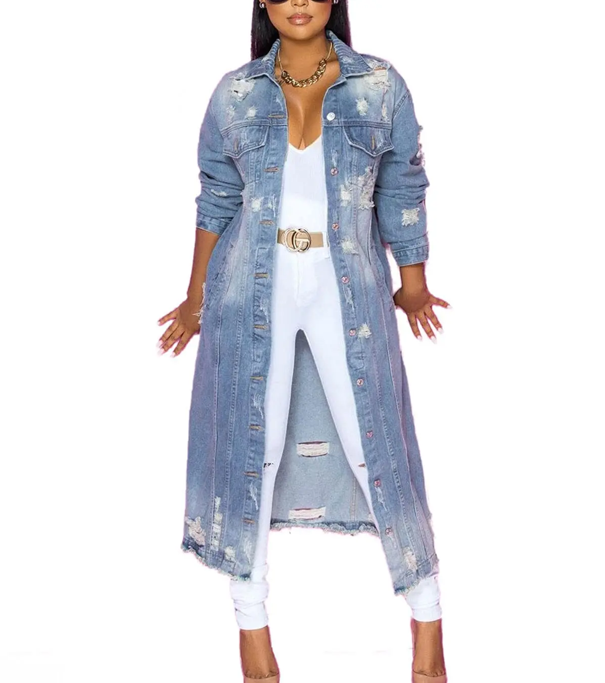 Ebossy Women's Ripped Out Distressed Washed Long Blue Denim Jacket Trench Coat