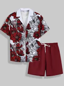 Men's 2-Piece Floral Casual Set - White & Red Floral Print Short-Sleeve Button Shirt + Burgundy Drawstring Waist Shorts, Lightweight Breathable Fabric, Relaxed Fit, Stylish for Summer Vacations, Outdoor Hangouts & Casual Weekend Wear