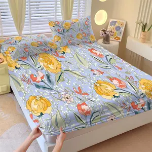 3-Piece Set Plant Floral Pattern Fitted Sheet, Includes Soft Comfortable 1 Fitted Sheet and 2 Pillowcases, Home Hotel Room Decor, Bedroom Decoration Gift