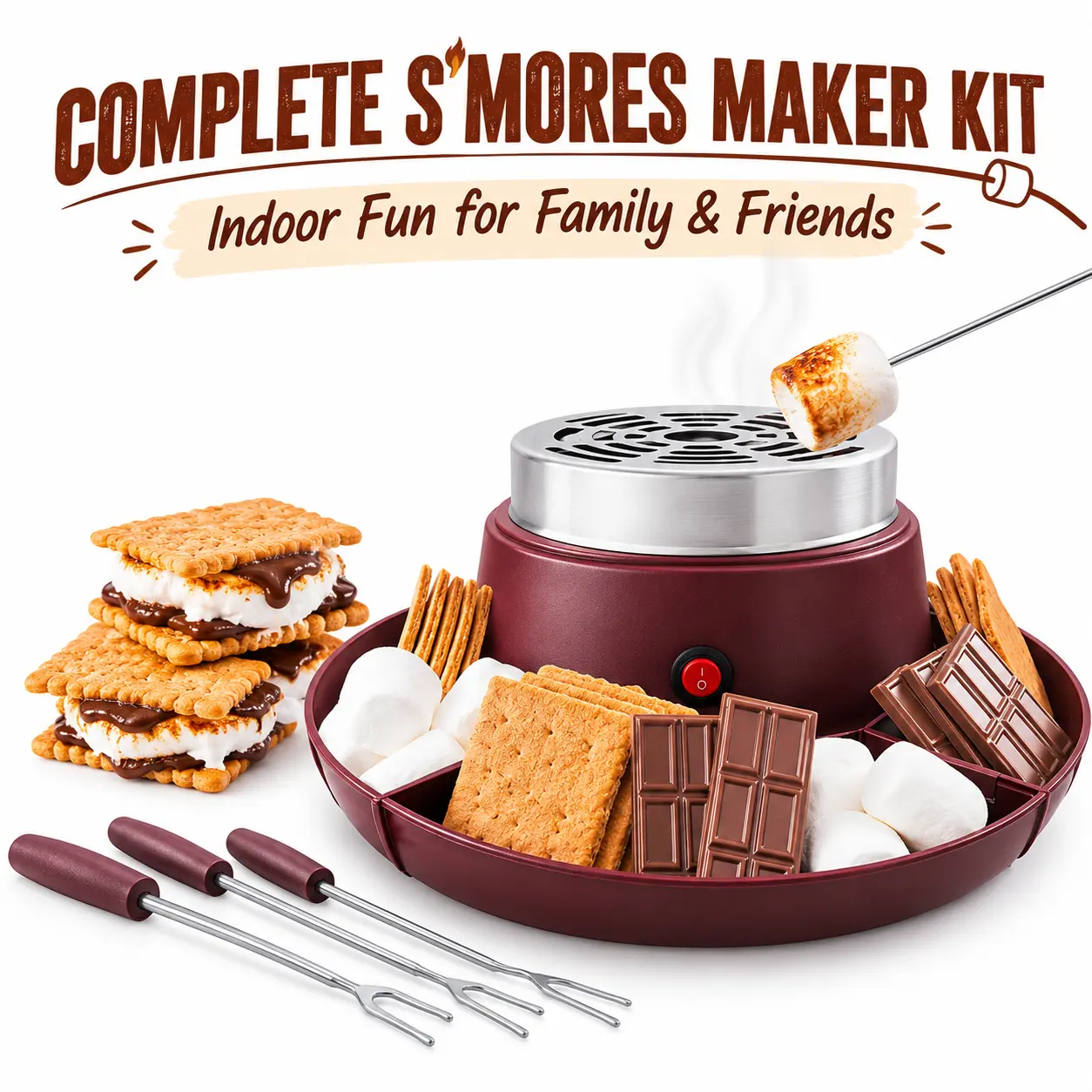 Arthink Indoor S'mores Maker Kit - BPA-Free Durable Stainless Steel Flameless Heater, 4-Compartment Serving Trays, 4 Stainless Steel Roasting Forks, Wipe Clean, US Plug for Family Nights, Friends Parties, Easy-Clean Kit