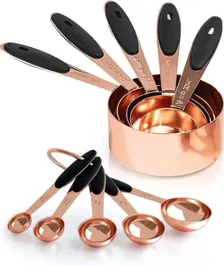 Copper Measuring Cups and Spoons Set of 10 Piece, Stainless Steel Nesting Measuring Cup Set with Soft Touch Silicone Handles for Dry and Liquid Ingredients