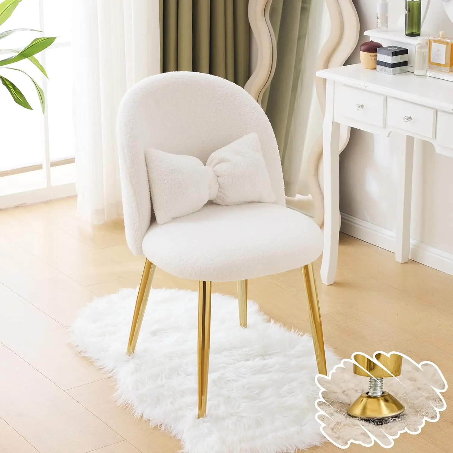 VINGLI Boucle Upholstered Girls Vanity Chair - Comfy Fabric Chair with Back, Pillow, Adjustable Gold Legs, Plush Fabric, Single Person, No Wheels, Easy Setup for Bedroom, Small Space