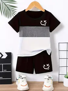 Trendy Smiley Colorblock Set, Patchwork Short Sleeve Shorts, Unlock Street Youth Style, Casual Fitted, Boys