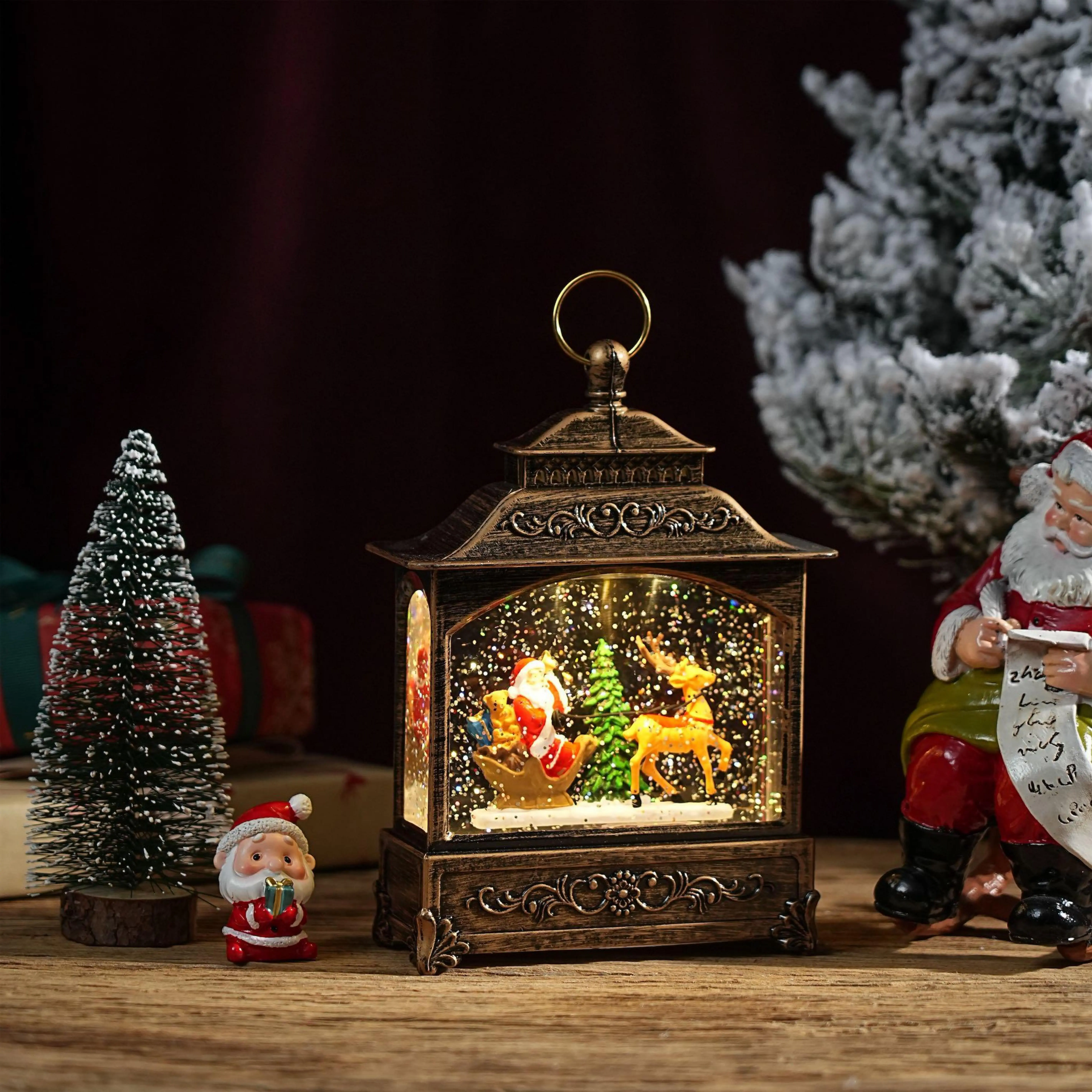 EBAN  Christmas decorations, desktop cabinet ornaments, Christmas Eve retro atmosphere layout, night light snow, indoor luminous music crystal ball music box, children's Christmas gift, USB/battery dual-use