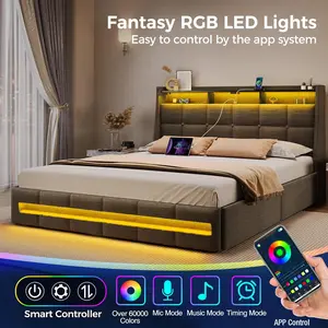 Cyclysio Modern Smart Bed Frame (Queen/Full/Twin Sizes) – LED-Accented, Illuminated, App-Controlled, Linen Upholstered, with Storage Headboard, Drawers, Charging Station, Heavy-Duty Wood Slats, Easy Assembly, Led-Accented Bed Frames