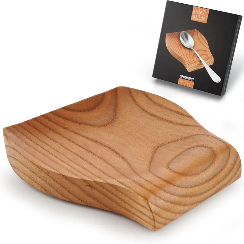 Zulay Wooden Spoon Rest - Smooth Holder with Non-Slip Silicone for Spoons, Spatulas, and Cutlery - Traditional Tableware Design