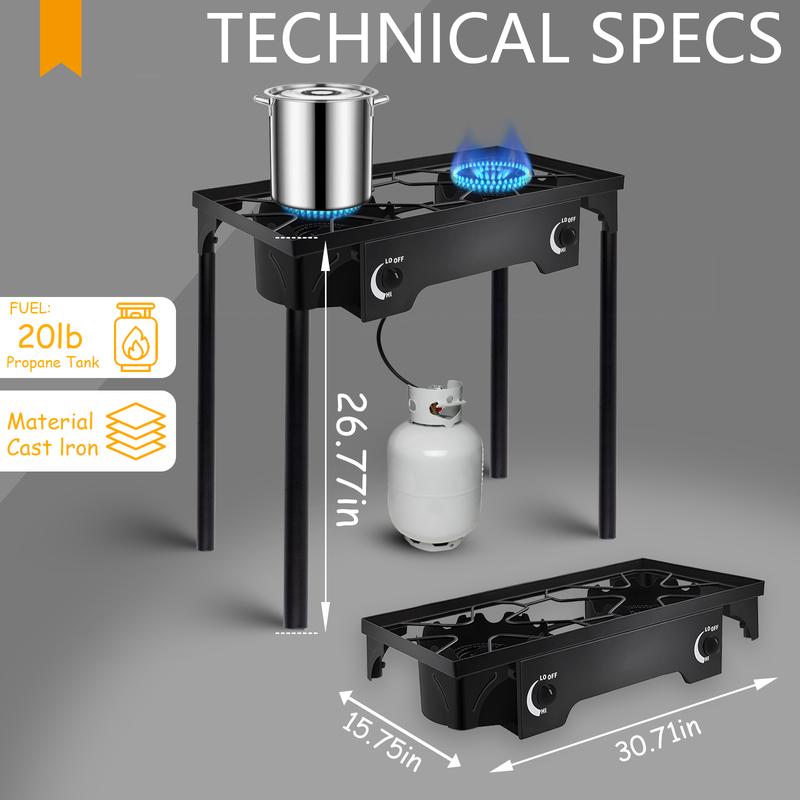 2 Burner Propane Gas Stove for Outdoor Cooking, 150,000 BTU Camping Cooker with Removable Legs, Temperature Control Knobs for Backyard Cooking, BBQ, Baking and Frying