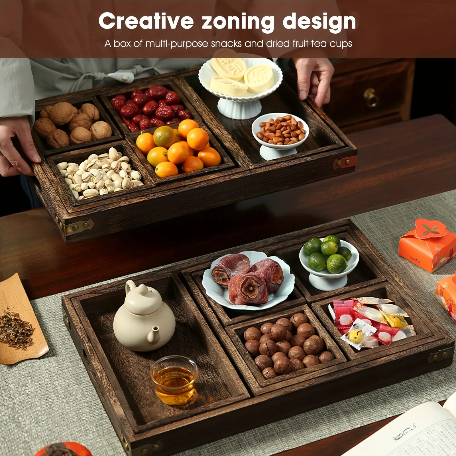A set of seven Chinese-style tea trays, suitable for brewing tea by the fireside, can be used as a display tray for snacks, refreshments and desserts, or as a dried fruit tray and tea set tray