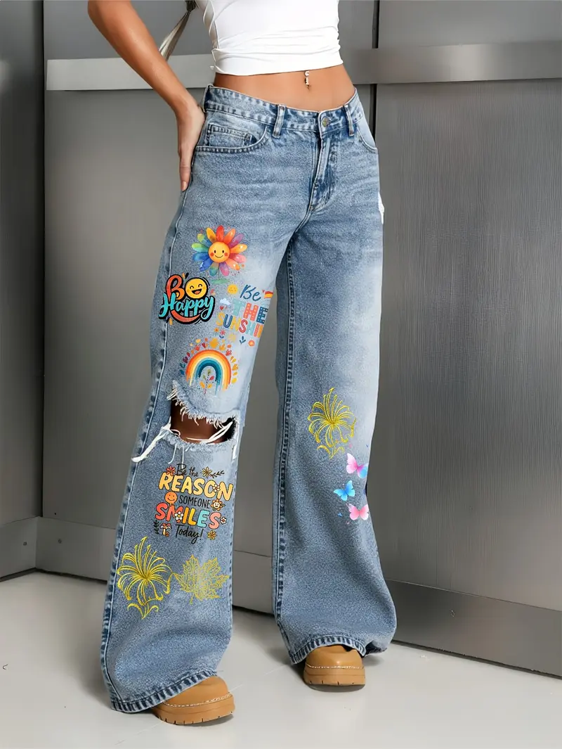 Women's Baggy Wide Leg Distressed Jeans Casual Style - Light Wash Oversized Bottoms with Sunflower Rainbow Smiley Face Cartoon Print, Faded Early 2000s Aesthetic, All Seasons
