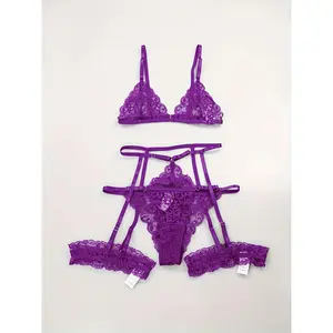 4pcs Women'S Lingerie Set - Sexy Blue Lace Bra, Garter Belt, Thigh High Stockings & Leg Ring - Elegant Solid Color Design for Sensual Play, Lingerie Accessorie