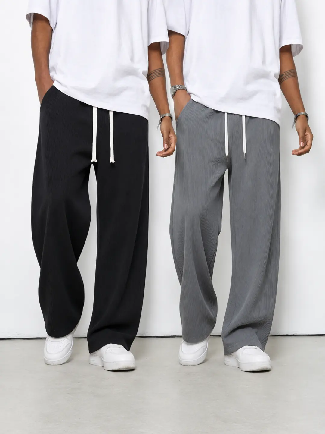 Men's 2-Pack Plain Corduroy Pants Set - Casual, Comfy Menswear Loose-Fitted Relaxed Uncuffed Drawstring Wide Leg Trousers for Spring & Autumn, Casual Men's Pants, Comfy Men's Pants