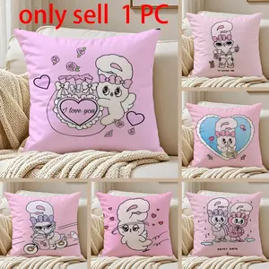 Cute E-Esther Bunny Pink Pillow Case Anti-dustmite Pillowcase Sofa Cushion Cover with Invisible Zipper Silky Short Plush Polyester Microfiber Fabric White Available in Standard Sizes for Home Bed Use