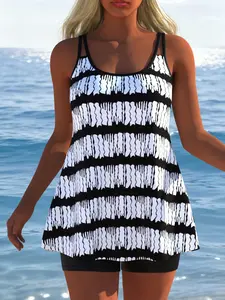 New Women's Fashion Tankini Swimsuit Set, Beachwear for Summer 2026, Casual Slim-Fitting Swimwear, Random Print Design, Striped Print Tankini, Tankini with Shorts, Tankini Swimsuits Women