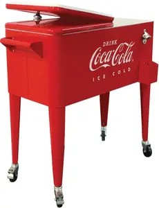 Coca-Cola Retro 80 Qt Rolling Metal Cooler with Opener & Cap Catcher Officially Licensed Insulated Ice Chest for Parties Extra-large Capacity Removable Lid