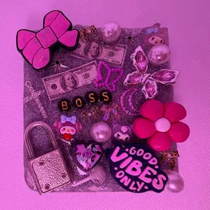 Junk Phone Case with Glittery Pink Accents and 'Good Vibes Only' Text for Trendy Stylish Users