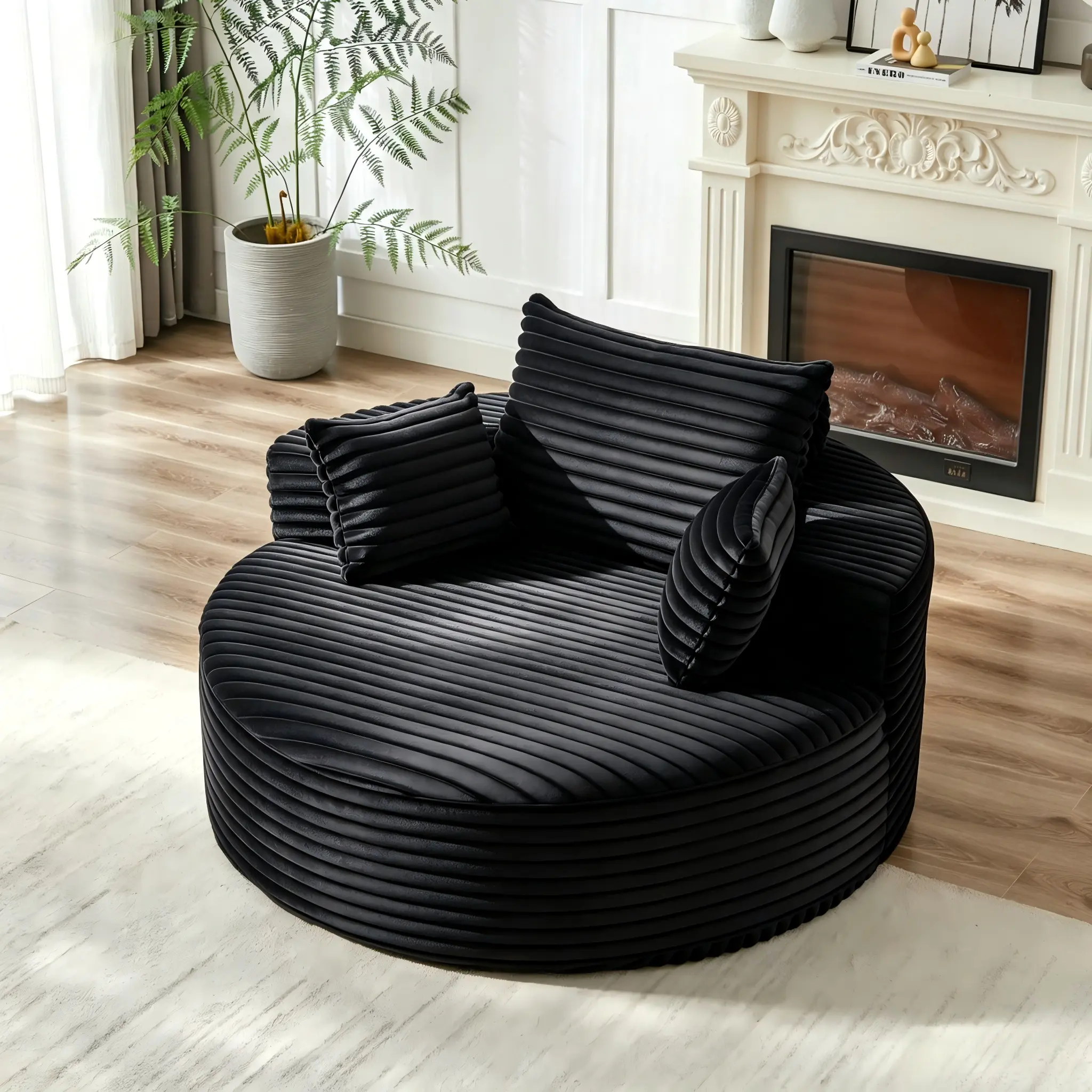 55" Long Black Corduroy Upholstered Lounger Couch - No Assembly Required, Fixed Arms, Fluffy Foam Polyurethane Indoor Lounge Furniture, Space Saving Modern Floor Sofa Sleeper Chair for Living Room Apartment