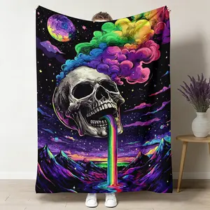 1pc Psychedelic Rainbow Skull Blanket, Trippy Space Skull Flannel Blankets, Soft Warm Cozy Lightweight Blankets, Rainbow Skull Design, Suitable for Sofa Bed Decoration, Gift, Birthday Present 50x60inch