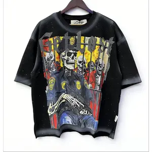 Men Women Cartoon Graphic Letter Rhinestone T-Shirt Washed Black Dirty Oversized Tee Full Ink Splash Print Cotton Unisex Streetwear Aesthetic Summer Outfit Trendy Top