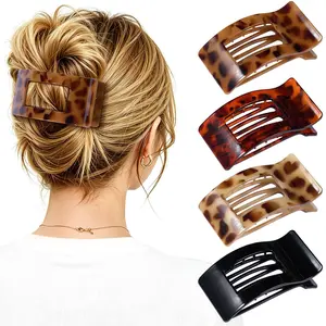4 count Flat Hair Clips for Women -  Rectangle Large Flat Claw Clips for Thick Thin Hair, Comfortable Curved Lay Down Duckbill Clips, Leopard Print  Hold Non-slip Hair Accessories, Tortoise