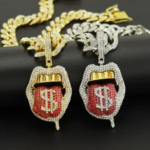 Trending Now!Hip Hop 3D Skull Tongue Pendant Necklace with Multi-Color CZ & $ Sign| Bloody Tongue Bling| Alloy Electroplated Statement Piece for Rappers & Urban Trendsetters durable craftsmanship