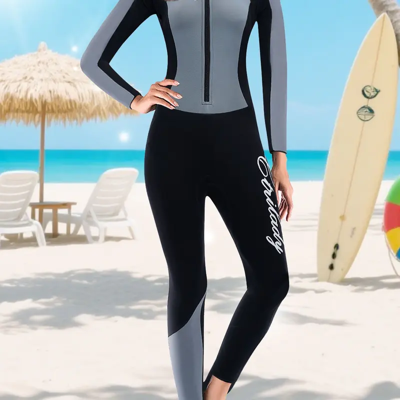 Women's Colorblock Zipper Design Long Sleeve Diving Suit, Casual Comfy Waterproof Wetsuit for Outdoor Swimming, Women's Swimwear for All Seasons, Diving Gear