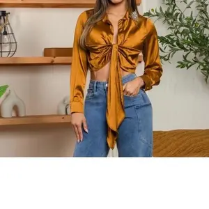 Women's Elegant Satin Lili Blouse - Longsleeves Crop Top, Fitted, Knot Front, Button Detail Closure, Stylish Shirts for Women