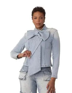 Bow Detail Denim Top -82417 Sleeveless Light Wash Feminine Design Structured Tailoring Unique Fashion Forward Look Sizes Small-2X