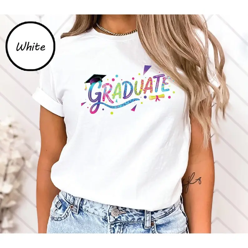 Graduate Shirt, Colorful Graduation Tee With Cap And Diploma, Graduation Cap Tee, Diploma Graphic Tee, Grad Celebration, Fun Graduation