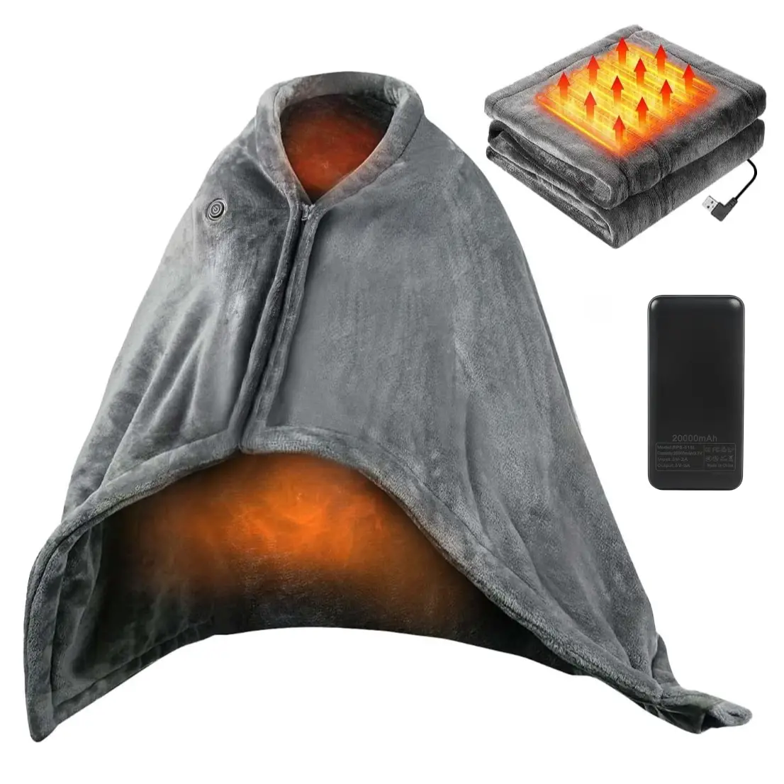 Portable USB Heated Blanket Shawl - 63'' x 33.5'' Wearable Electric Throw with 20000mAh Battery Pack | Adjustable 3 Heating Levels & Fast Heating | Ma