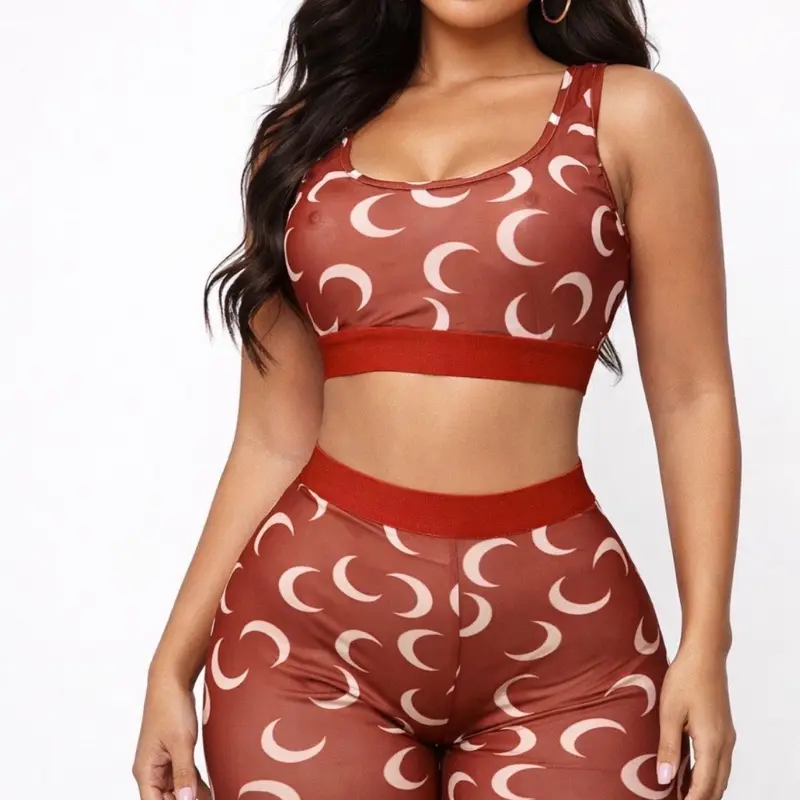 Marine Sunrise Two Piece Set with Crescent Moon Pattern and Red Waistband for Women