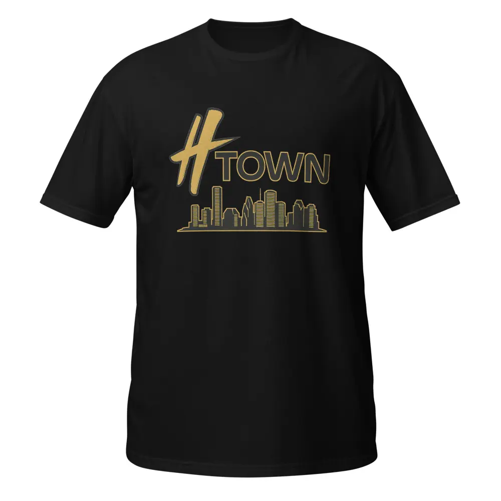 H-Town Houston T-Shirt – Gold & Black Skyline Graphic with Bold H Logo