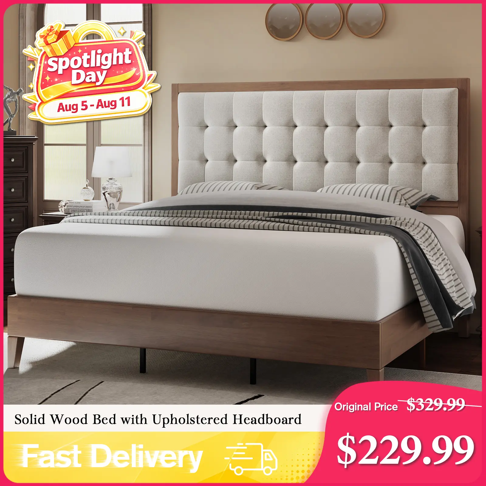 AMERLIFE Solid Wood Platform Bed Frame with Upholstered Tufted Headboard/Solid Wood Foundation, Pull-spot Tufted Handcraft, No Box Spring Needed, Bedroom Furniture/Best Gift Ideas/Christmas Gifts[tiktokshopbacktoschool][SohoChic]