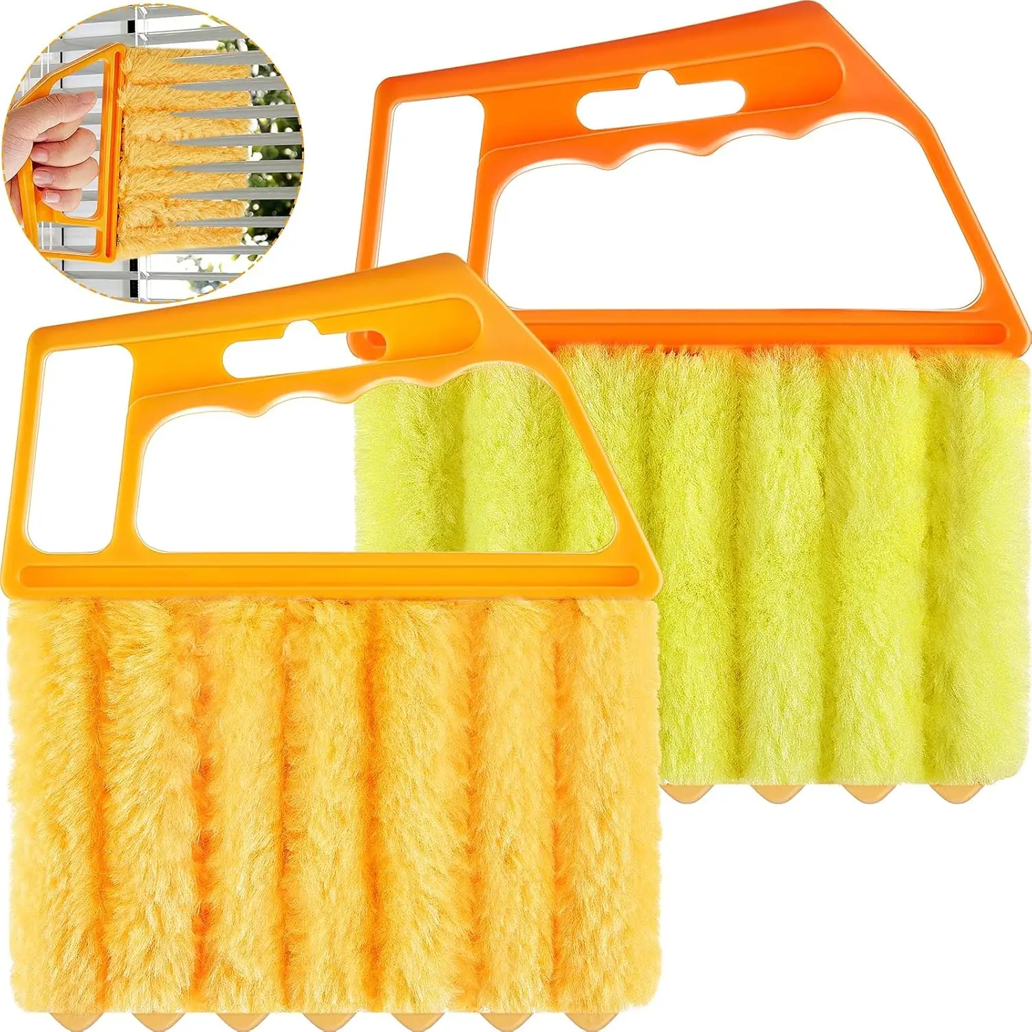 2-Pcs Removable & Washable Polyester Blind Cleaning Duster Tool, 7-Finger Handheld Mini Brush with Orange Handle for Window, Air Conditioner Dust Removal