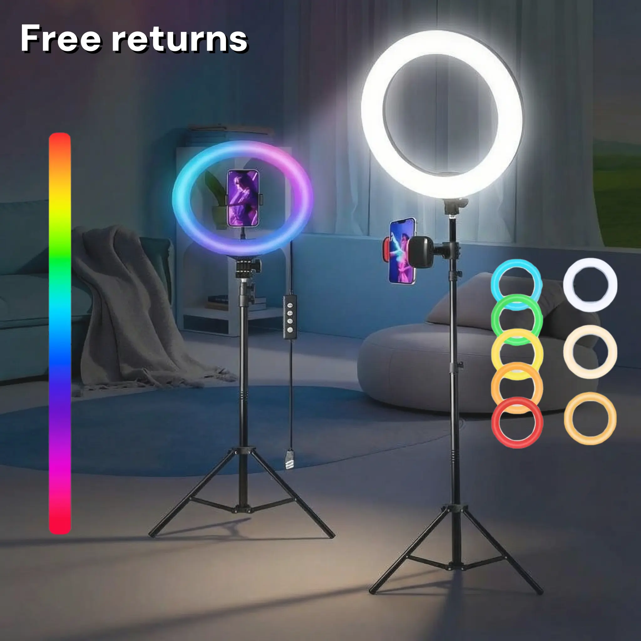 12" RGB Selfie Ring Light with Adjustable 63" Extendable Tripod Stand, Phone Holder, USB-Powered LED Video Light with 10 Brightness Levels for Live Streaming, Content Creation, Compatible with All Smartphones (iOS, Android), Webcams