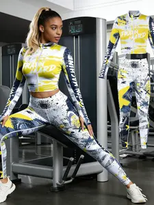 Women's High Elasticity Sportswear Set, Workout Running Outfits, High Waist Yoga Pants & Long Sleeve Jacket with Thumb Holes, Ideal for Training and Running