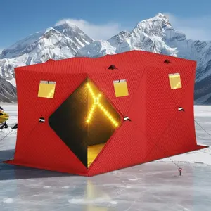 Garvee Pop Up Ice Fishing Tent Insulated Ice Fishing Shelter with 49Ft LED Light Strip,3-Layer Insulated Shelter for 3-8 Person, Portable Waterproof Oxford Ice Shanty with 2 Doors/Anchors/Ropes/Carrying Bag