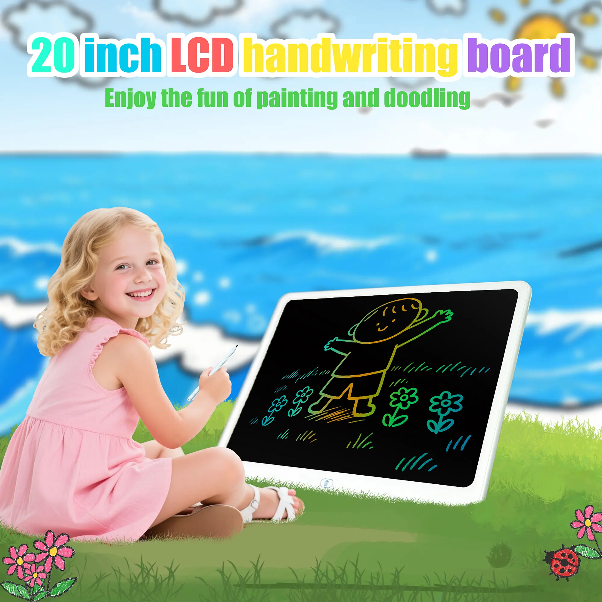 20-inch large-screen LCD children's doodle board, writing tablet, drawing board. Suitable for doodling and sketching. Can be attached to metal surfaces like refrigerators for use as a message board.Suitable for both boys and girls to use,kids toys