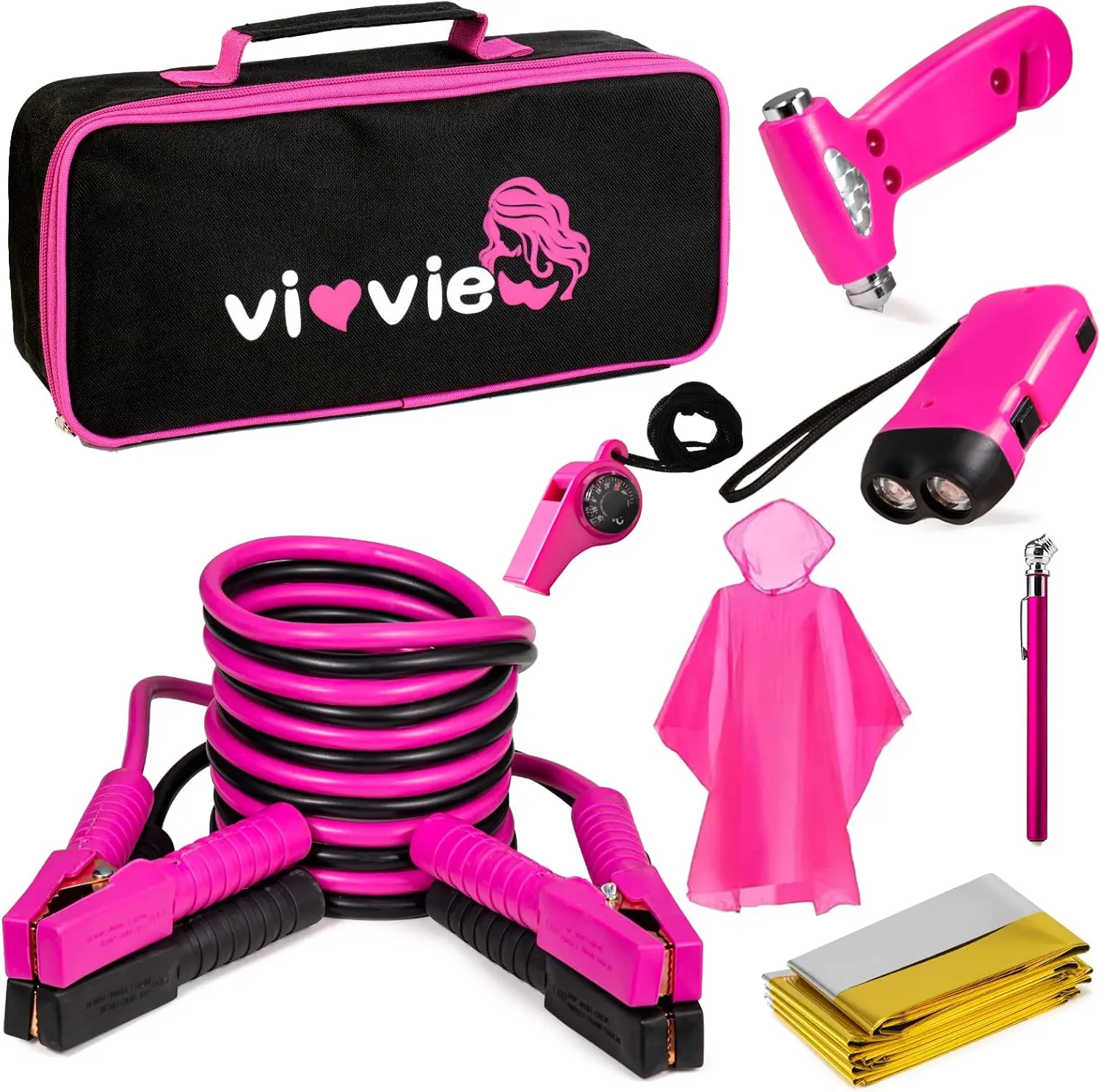 【summerfinds】Roadside Emergency Car Kit for Vehicles, Car Safety Kit with Jumper Cables, Safety Hammer, Pink Car Accessories Road Trip Essentials Assistance Kit for Teen Girls Women