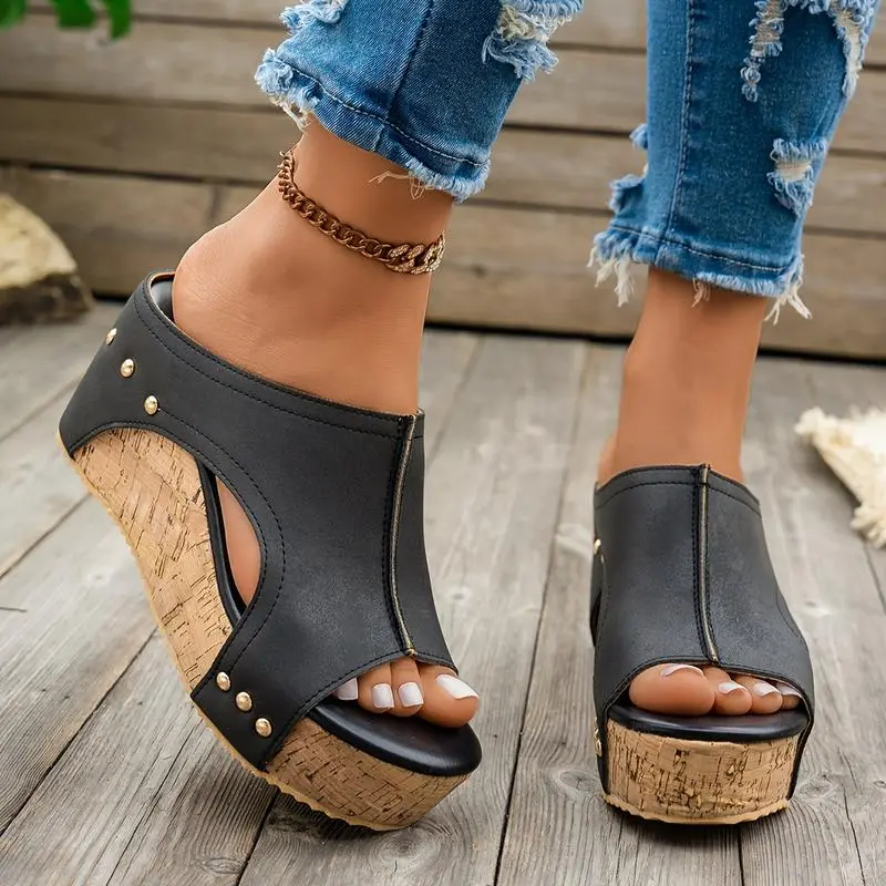 Women's Stylish Retro Wedge Sandals - Peep Toe Slip-On Platform Shoes with Metallic Buckle Straps, Faux Cover Summer Casual Heels in Black, Navy Blue, and Brownish-Golden Tones, Comfortable Wear| Stylish Platform Heels| Faux Cover Sandals