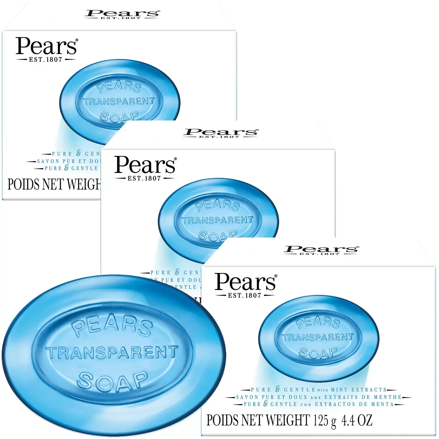 PEARS Glycerin Soap, Transparent Blue with Mint Extract, 3-Pack – Pure & Gentle Cleanser for Cool, Refreshed Skin, 4.4 Oz Ea Pears