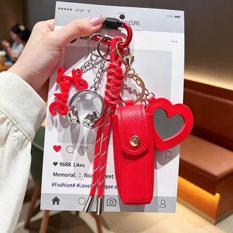 Bag Charm Lipstick Holder Aesthetic Keychain, Keyrings For Keys Paired With A Heart-Shaped Mirror And 3d Letters Dopamine-Fueled, Vibrant Vibes Holds Lipsticks And Lip Balms For Bags And Keys Suitable For Sophisticated Women Keychain Accessories
