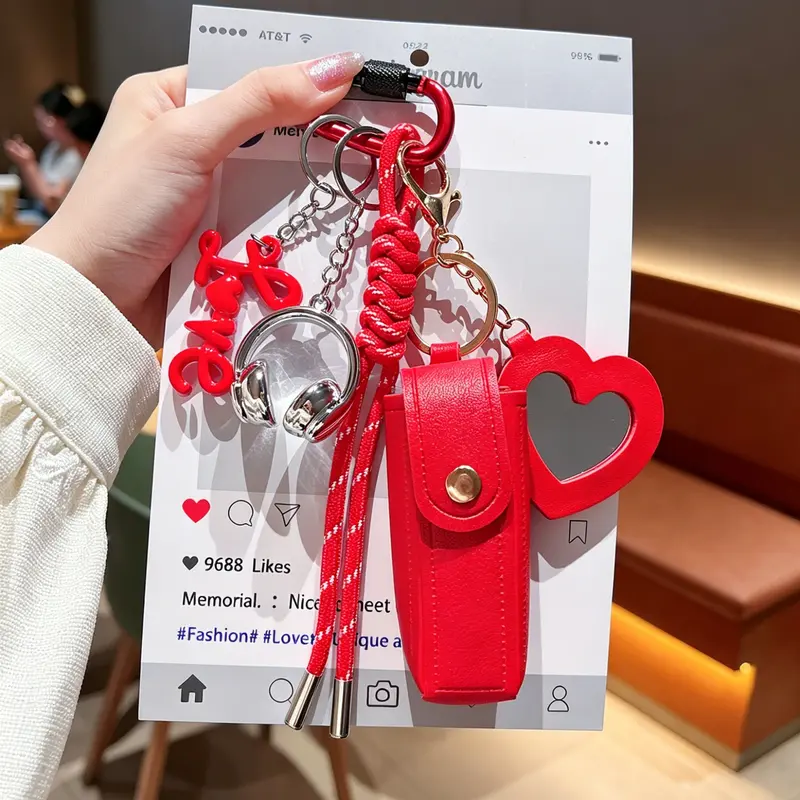 Bag Charm Lipstick Holder Aesthetic Keychain, Keyrings For Keys Paired With A Heart-Shaped Mirror And 3d Letters Dopamine-Fueled, Vibrant Vibes Holds Lipsticks And Lip Balms For Bags And Keys Suitable For Sophisticated Women Keychain Accessories