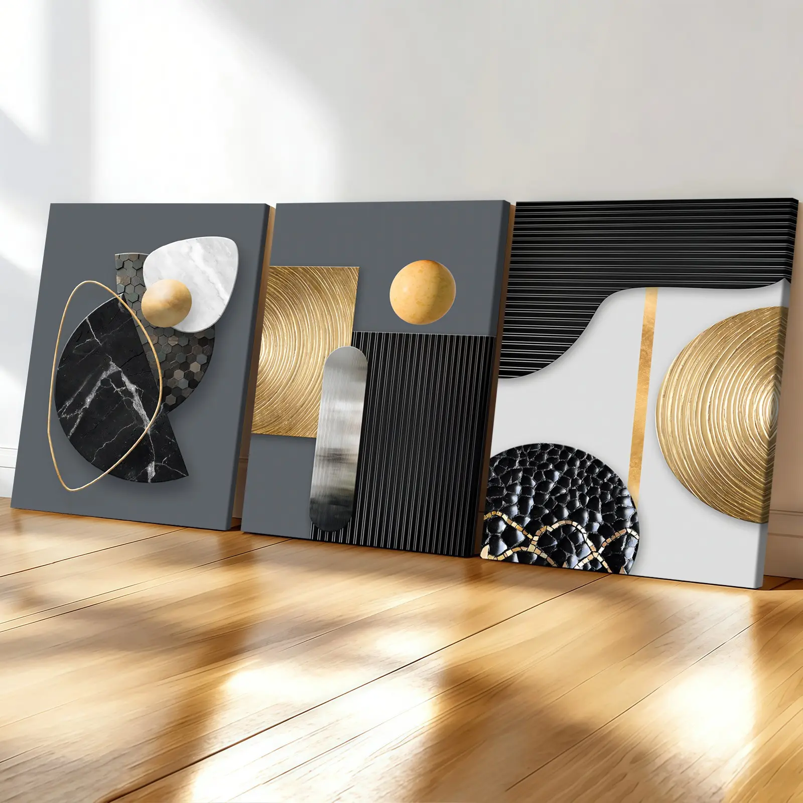 3-count woodblock canvas, light luxury black and gold geometric art poster, abstract art poster, Decorative Artwork, Modern Art Design, modern art living room wall decoration, family poster, suitable for bedrooms, corridor art, Modern Home Decor