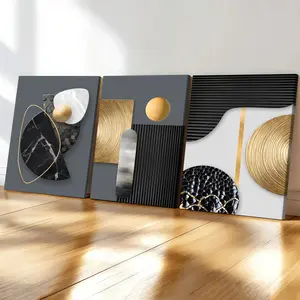 3-count woodblock canvas, light luxury black and gold geometric art poster, abstract art poster, Modern Art Design, modern art living room wall decoration, fashionable family poster, suitable for bedrooms, offices, corridor art, Modern Home Decor