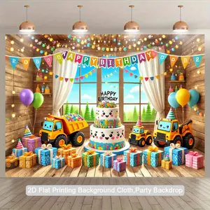 1pc Birthday Party Backdrop with Happy Birthday Banner - Construction Vehicles, Birthday Cake, Presents - Photo Booth Decoration for Kids Birthday Party, Anniversary, Indoor/Outdoor - Easy Hang Polyester Fabric Banner Decorations, Indoor Outdoor Decor,