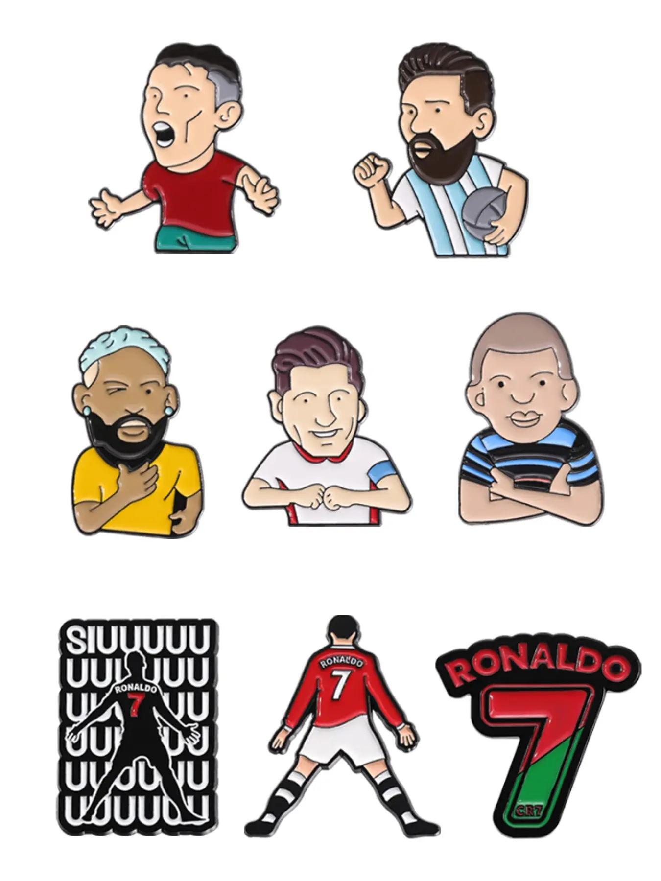 8-Piece Set Football Player Character Enamel Collectible Pins Number 7 Ronaldo Messi Neymar Mbappe Lewandowski Sports Star Fan Collection Alloy Brooches Brooch Pin Clip Lapel Backpack Badge Fashion Jewelry Accessories Gifts for Friends
