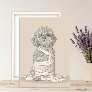 Fun dog-themed toilet paper canvas art, wooden frame wall decoration, modern line drawing of a dog, minimalist dog design, suitable for decorating living rooms, bedrooms, and bathrooms.