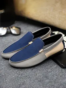 Men's Patchwork Canvas Flat Loafers, Daily Commute & Streetwear, Colorblock Design, Vintage Metal Buckle Decoration, Comfortable & Stylish Shoes