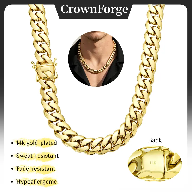 14K real Gold Plated Cuban Link Chain for Men, Hip Hop Heavyweight Solid Stainless Steel Necklace or Bracelet, Fade-Resistant, Hypoallergenic, 8–20MM, Secure Double-Lock Clasp jewelry