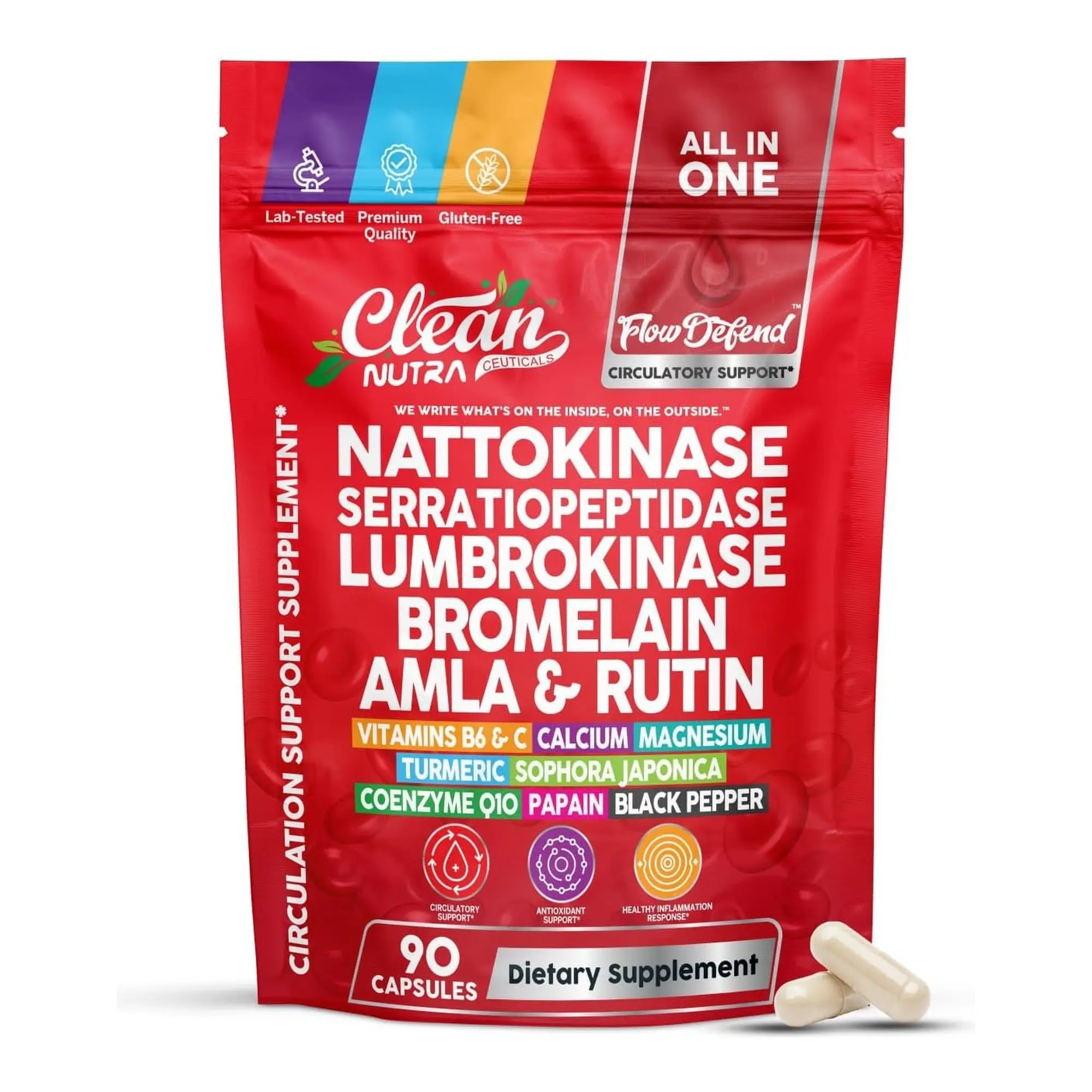 Clean Nutraceuticals FlowDefend Nattokinase 200mg, Serrapeptase, Lumbrokinase & Bromelain | 14-in-1 Systemic Enzyme Capsules with Rutin, Amla, CoQ10, Turmeric, Magnesium & Vitamin C | Circulation & Cardiovascular Health Support | 90 Count Resealable Bag